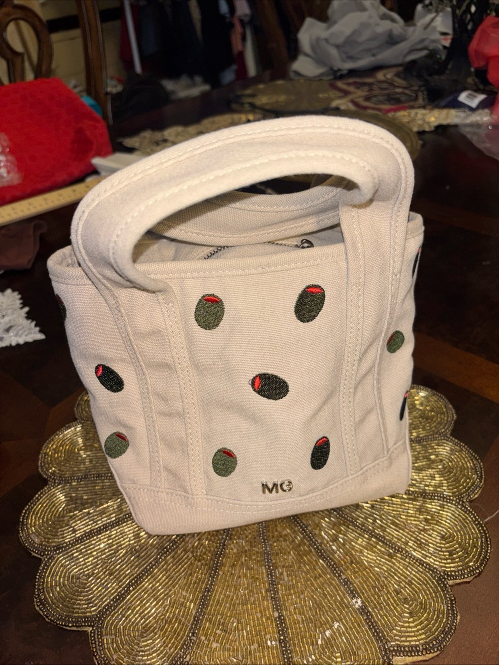 MG Embroidered Olive Mini Tote in Cream